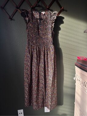 J. Crew Black Multi Floral Smocked Midi Dress